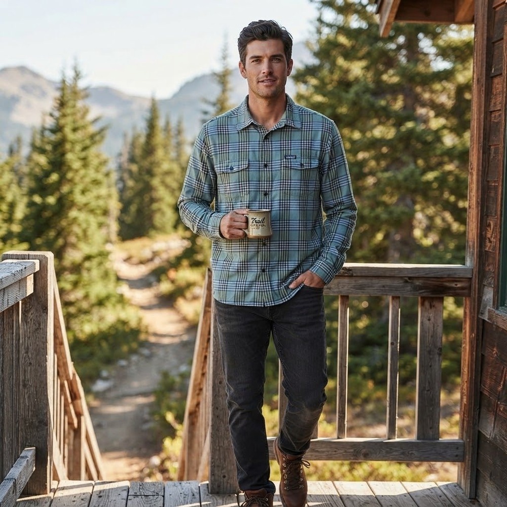 Patagonia Mens L Organic Cotton Plaid Button Down Shirt Green Blue Long Sleeve